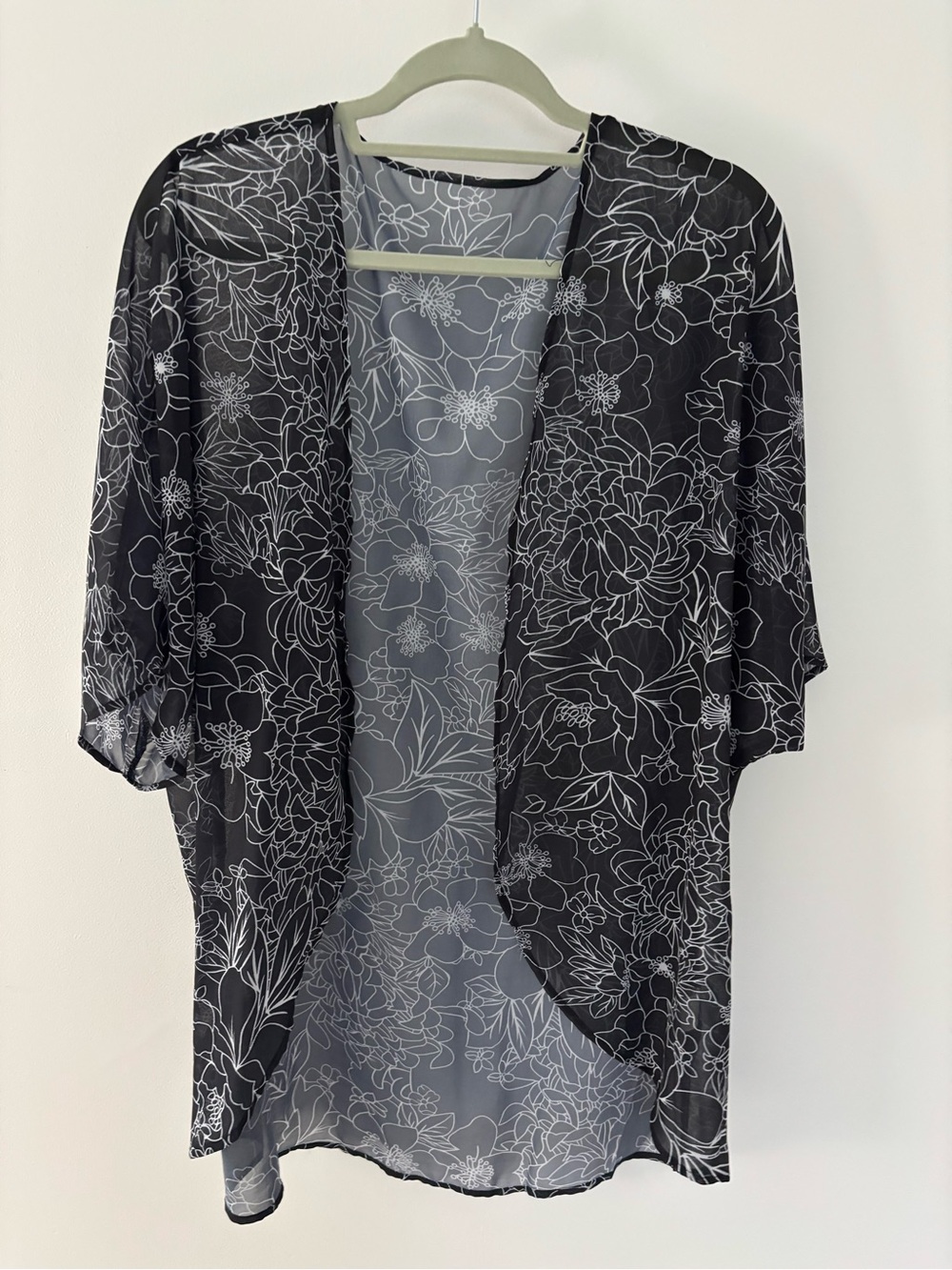Black White Sheer Floral Open Front Kimono Cardigan Top